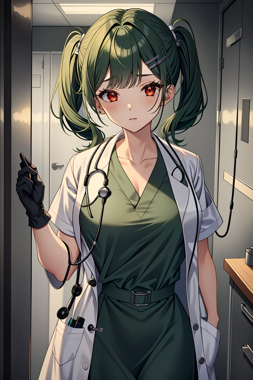 ((masterpiece, best quality, high quality)),1girl, <lora:Clare Sniders:0.7> (clare sniders, oc ch9, 1girl, hair ornament, red eyes, twintails, hairclip, swept bangs, hair over shoulder, dark green hair, medium hair, small breasts, sidelocks), <lora:Doctor Uniform V2:0.8> ((doctor_uniform, labcoat, stethoscope, doctor,lomg dress, gloves, surgical mask)),