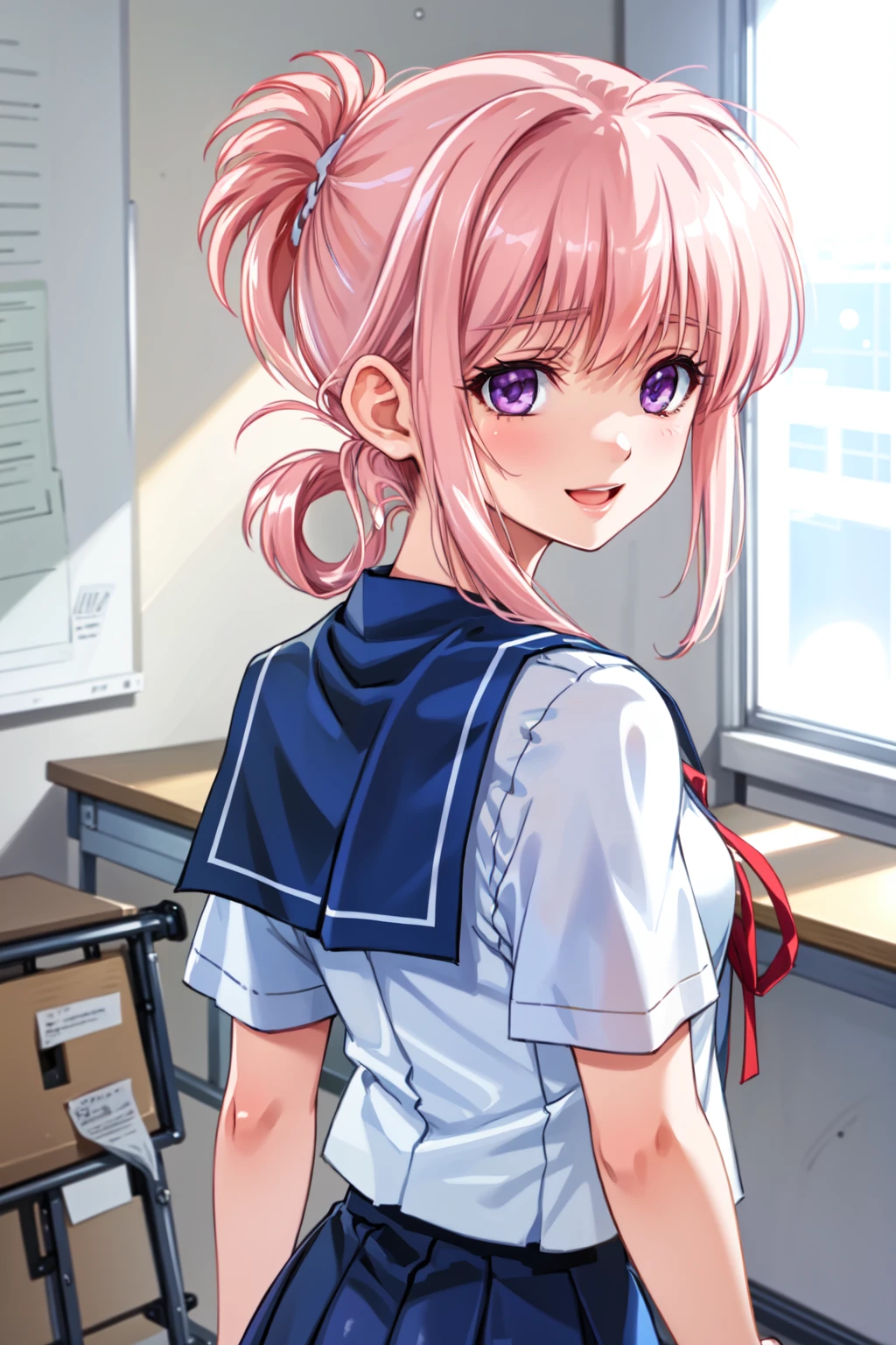 masterpiece, best quality, 1girl, solo, <lora:NojimaHotori_v1:0.75>, classroom, indoors, upper body, walking energetically, school uniform, shy, embarrassed, blue skirt, folded ponytail, purple eyes, pink hair, white socks, thighhighs, loafers, zettai ryouiki, serafuku, hair ornament, (portrait, closeup:1.4), blush, smile, red ribbon, facing away, looking back at viewer,