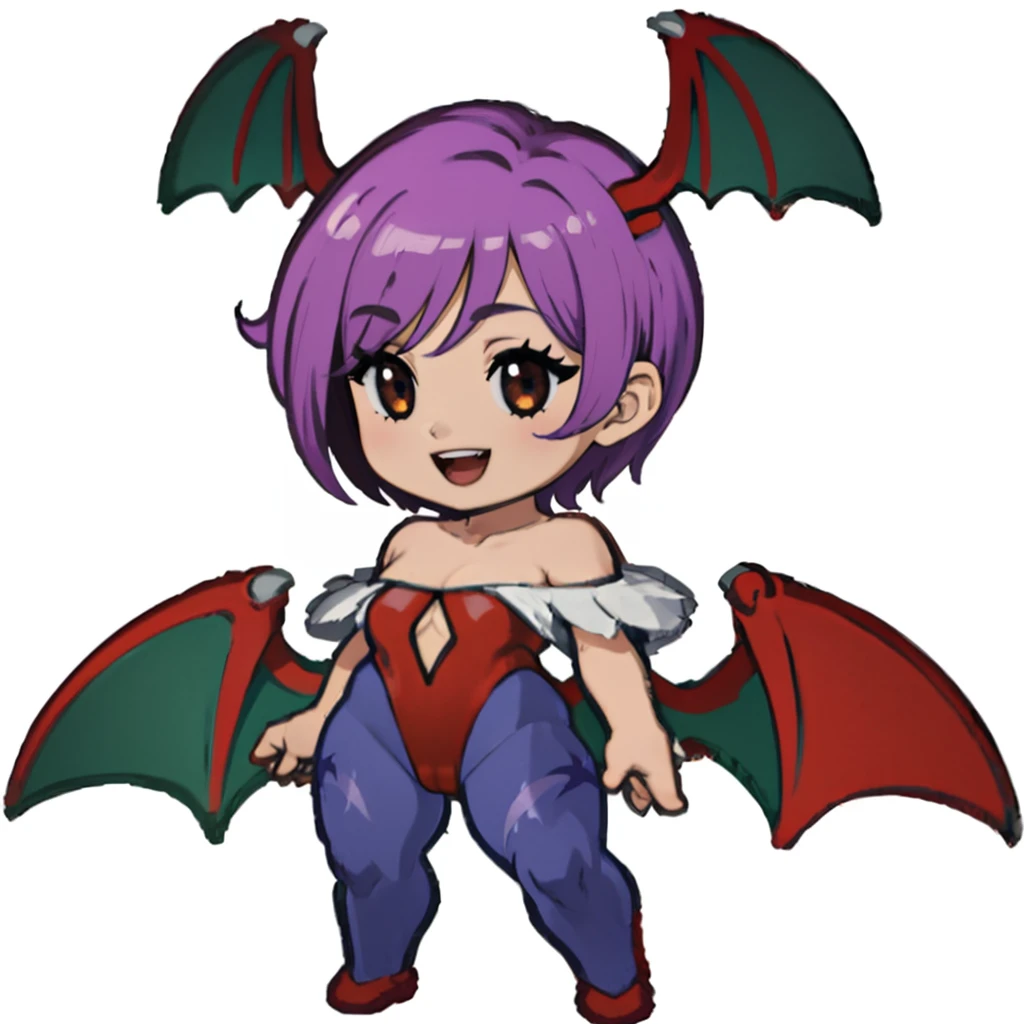 1girl, (solo), looking at viewer, solo focus, smile, <lora:Lillithnewtest:1>, Lilith, head wings, white background,, red leotard, purple pantyhose, bat print, <lora:PersonaQstyletest:1>, Q2style, full body, standing, bat wings, bridal gauntlets, peace, sign