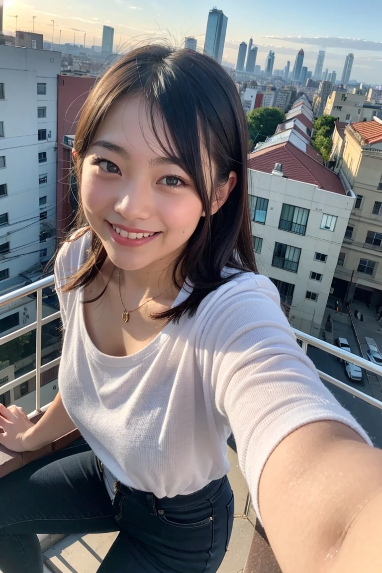 best quality, masterpiece, RAW photo,ultra-detailed,Korean 1girl ,looking at viewer, smile,rooftop, from above, city, casual,