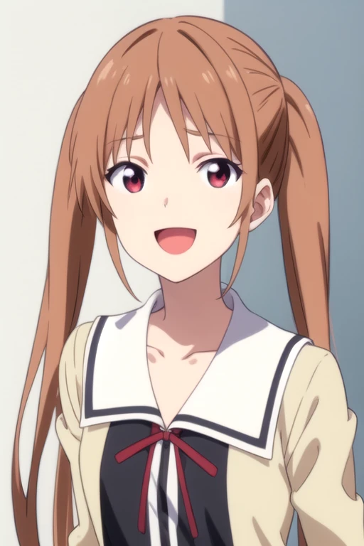 ((masterpiece)),(best quality),official art,extremely detailed CG,unity 8k wallpaper,ultra detailed,beautiful detailed eyes,extremely detailed face,1girl,solo,upper body,(portrait:1.5),looking at viewer,facing viewer,smile,:d,very_long_hair,twintails,brown_hair,sidelocks,bangs,red_eyes,open_mouth,collarbone,school_uniform,red_ribbon,small_breasts,black_skirt,pleated_skirt,black_socks,loafers,<lora:Hanabatake Yoshiko(ag)>,