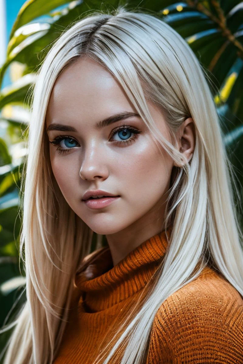 portrait of S315_NikkiHill,a gorgeous woman,in a (jungle),wearing an (orange-sweater),(4k, RAW photo, best quality, depth of field, ultra high res:1.1),(absurdres, intricate, photorealistic, masterpiece, ultra-detailed:1.1),