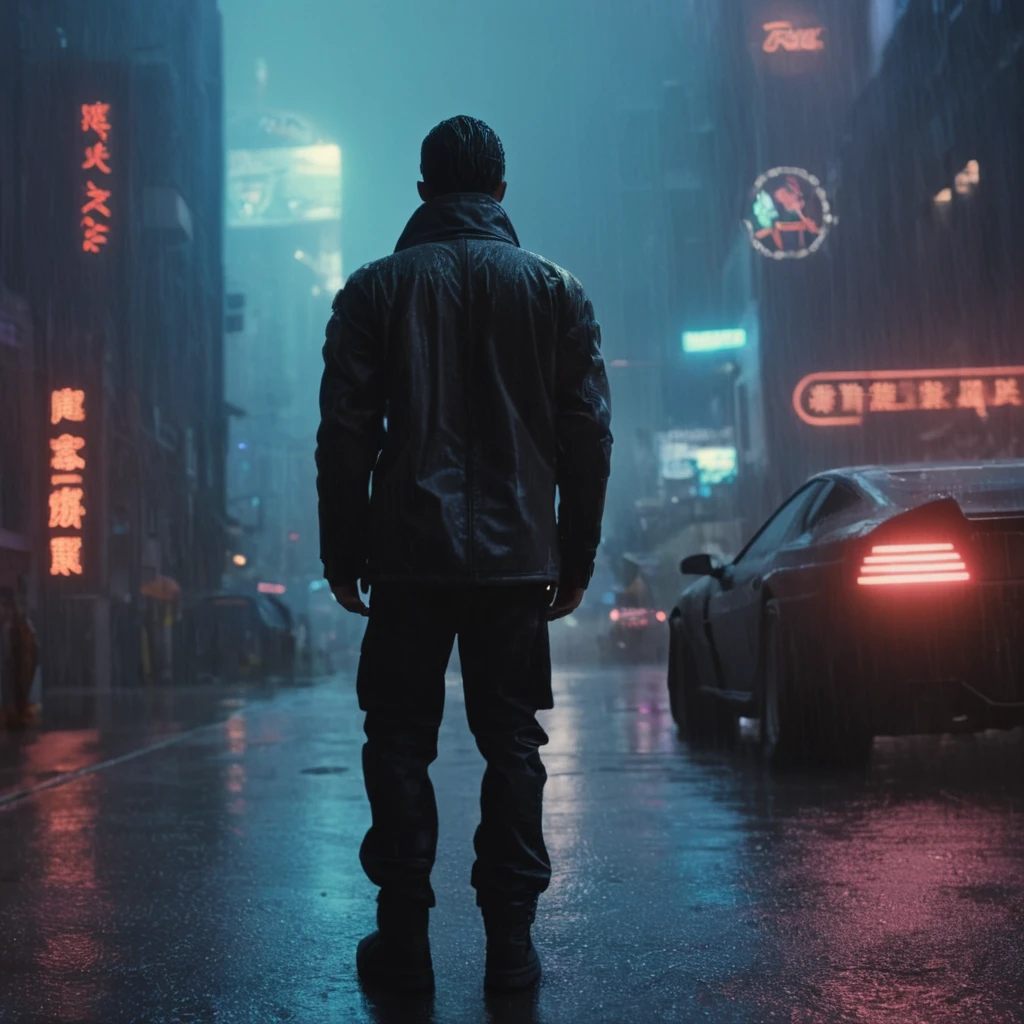 cinematic film still of  <lora:Cyberpunk Style:1>
a man standing in the rain in a city,bionic,transhuman,Dystopia,Dystopian,kakotopia,Science fiction,high tech,low life,societal collapse,Artificial,Posthuman,future,futuristic,Artificial intelligence,Cyborg,genetically-enhanced humans,sci-fi,Cyberpunk Style,1boy,outdoors,sky,night,ground vehicle,building,scenery,motor vehicle,science fiction,rain,city,sign,car,road,cityscape,street,city lights,cyberpunk,neon lights , Cyberpunk Style, shallow depth of field, vignette, highly detailed, high budget, bokeh, cinemascope, moody, epic, gorgeous, film grain, grainy