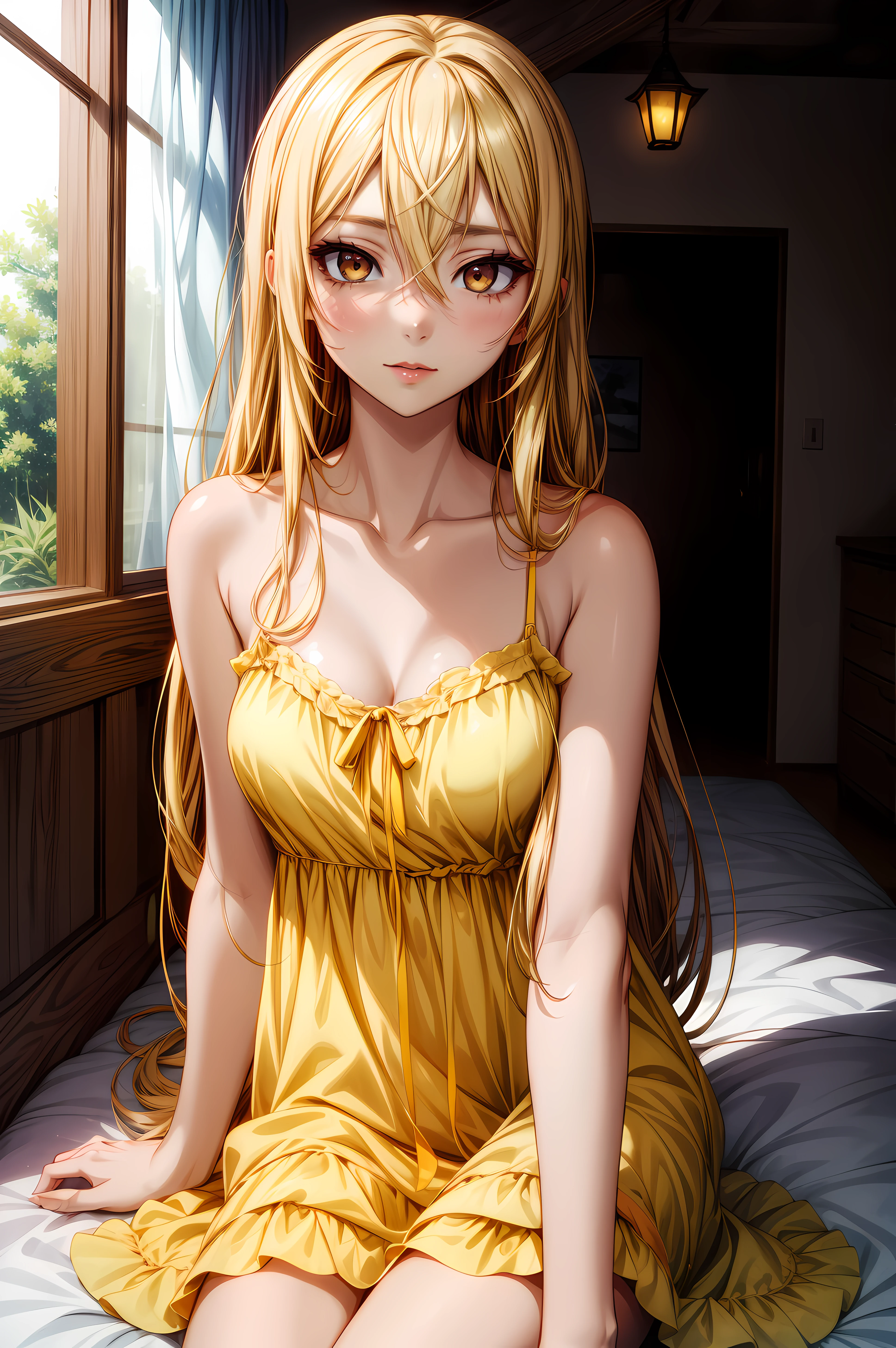 (masterpiece, best quality), <lora:mashiro shiina-lora-Faxtron:0.4> mashiro shiina, caramel-colored eyes, blonde hair, long hair, hair between eyes, long eyelashes,<lora:edgChamYellowSundress:0.8> edgYSD,woman wearing a yellow sundress,
<lora:add_detail:0.8>,