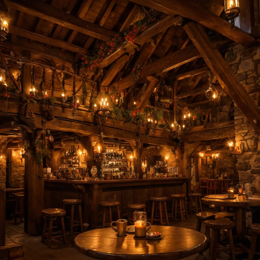 (masterpiece:1.2), (best quality,:1.2), 8k, HDR, ultra detailed, ((photorealistic)), perfect anatomy, professional light, cinematic lighting, fashion photography, ambient lighting, <lora:detail_slider_v4:2.5>, a medieval tavern, round tables, chairs, candles, smoke in the air, bar, fireplace, stairs leading up, shields on the wall, ((perfect hands)), FanTav, <lora:FantasyTavern-10:0.7>, epiCPhoto