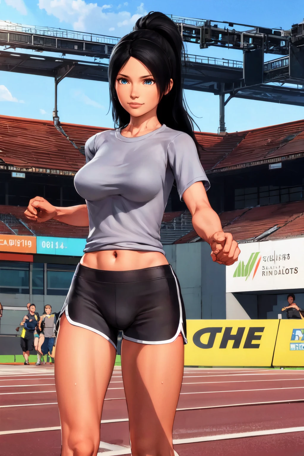 solo, a woman running on a track and field, lot of sweat, wet, determined look dynamic pose, crowd of people, smile, beautiful eyes, beautiful girl, high detail skin, high detail eyes, high detail hair, highres, ultra detailed, sharpen picture, Highly detailed, masterpiece, best quality, photorealistic,
<lora:LyannaLoRA:1> 1girl, long hair, t-shirt, dolphin shorts