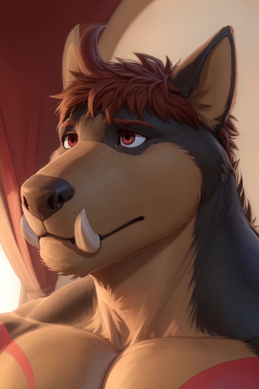 <lora:chad-09:1>, chadhze, red eyes, tusks, ahoge, (posing:1.3), (soft shading), 4k, hi res, ((detailed face, detailed)), by zackarry911, by zaush, (by personalami:0.5), 1boy, nipples, upper body, male focus, fangs, flat color, fangs out, pectoral focus, portrait, face focus, close up,