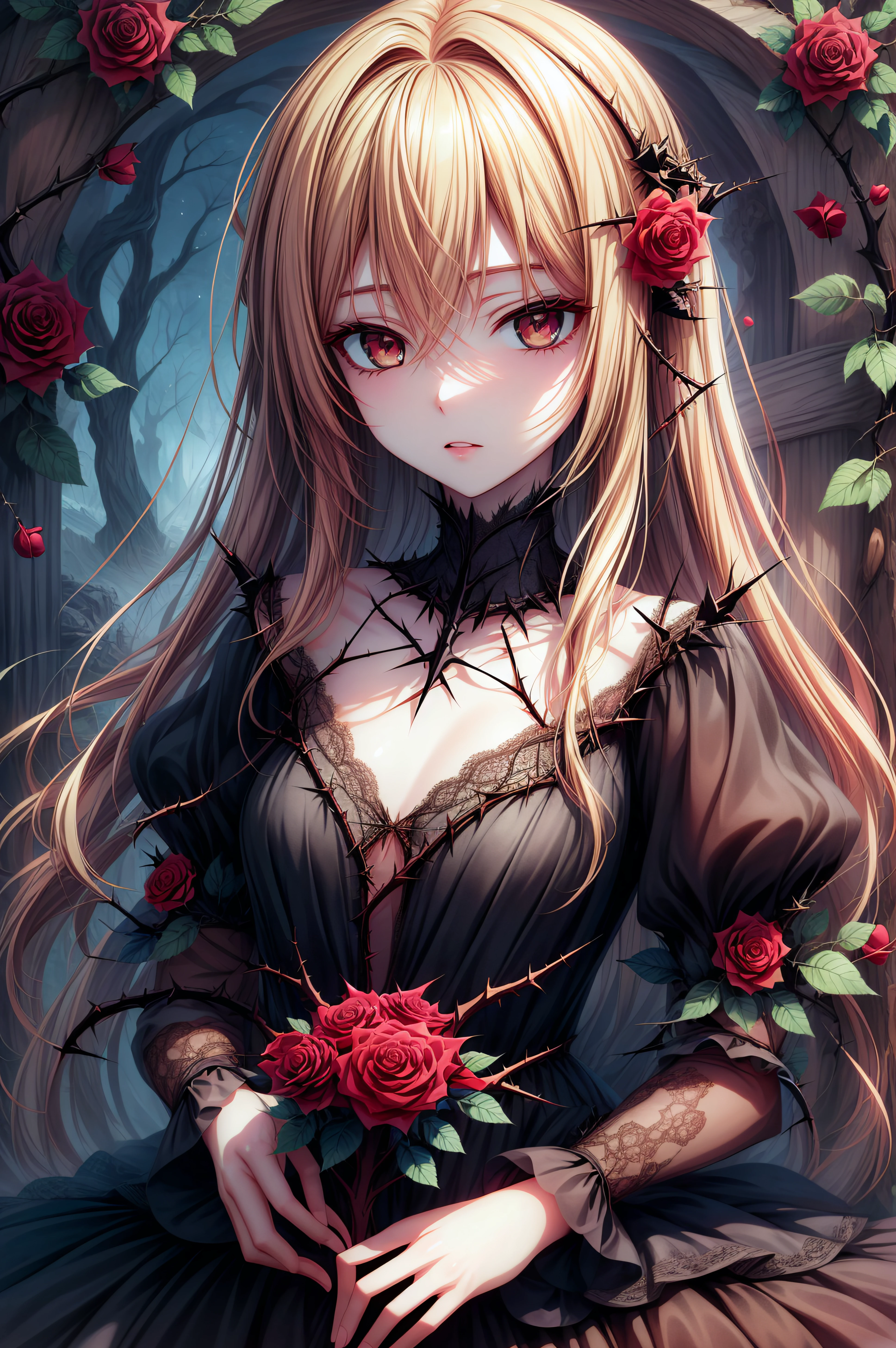 (masterpiece, best quality), <lora:mashiro shiina-lora-Faxtron:0.4> mashiro shiina, caramel-colored eyes, blonde hair, long hair, hair between eyes, long eyelashes, <lora:edgThornDress:0.8> edgThorn,  thorns and roses, wearing edgThorn_dress, 
<lora:add_detail:0.8>,