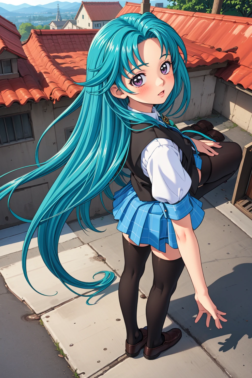 masterpiece, best quality, 1girl, solo, <lora:AkiyamaMiho_v1:0.75>, school rooftop, overlooking school yard, standing, full body, from behind, looking back at viewer, school uniform, purple eyes, short sleeves, blue sleeve ends, (black vest:1.2), green ribbon, brooch, teal hair, (very long hair:1.5), blue skirt, pleated skirt, (plaid skirt:1.2), (black socks, thighhighs:1.2), uwabaki, zettai ryouiki,  blush, black loafers