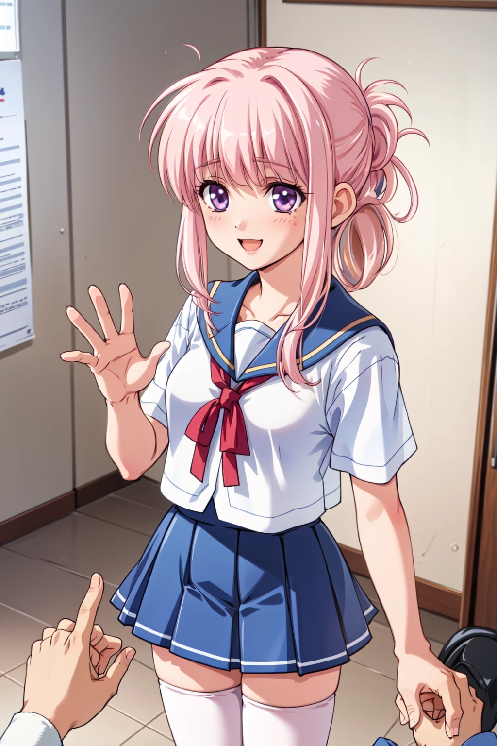 masterpiece, best quality, 1girl, solo, <lora:NojimaHotori_v1:0.75>, school corridor, indoors, standing, school uniform, shy, embarrassed, blue skirt, folded ponytail, purple eyes, pink hair, white socks, thighhighs, loafers, zettai ryouiki, serafuku, hair ornament, (pov, portrait, closeup:1.3), from above, blush, smile, waving