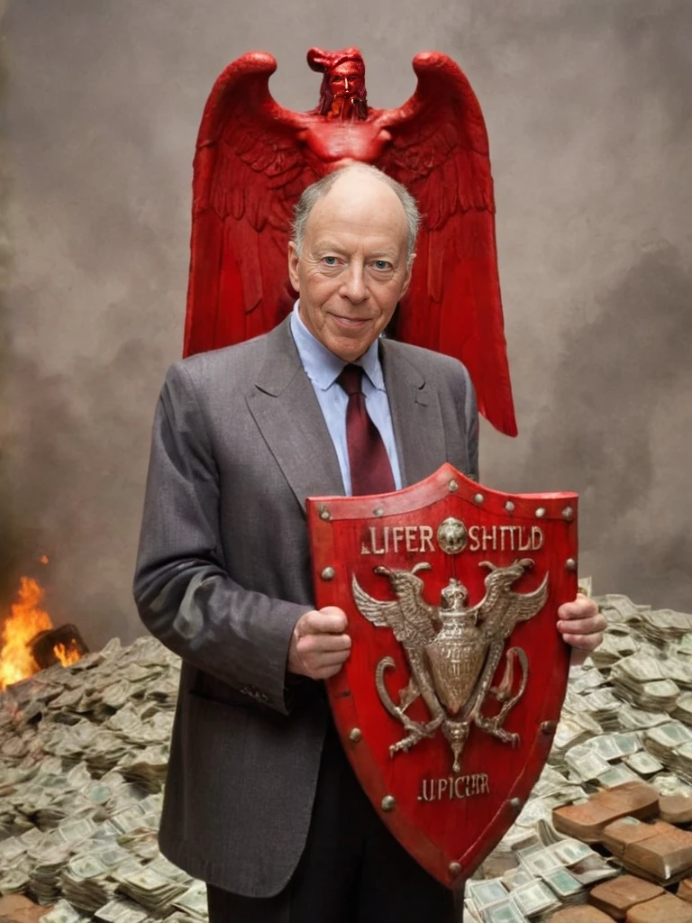 closeup portrait of Jacob Rothschild as lucifer, holding a red shield, standing on a pile of money, hellfire in background <lora:JacobRothschildXL-128:1>