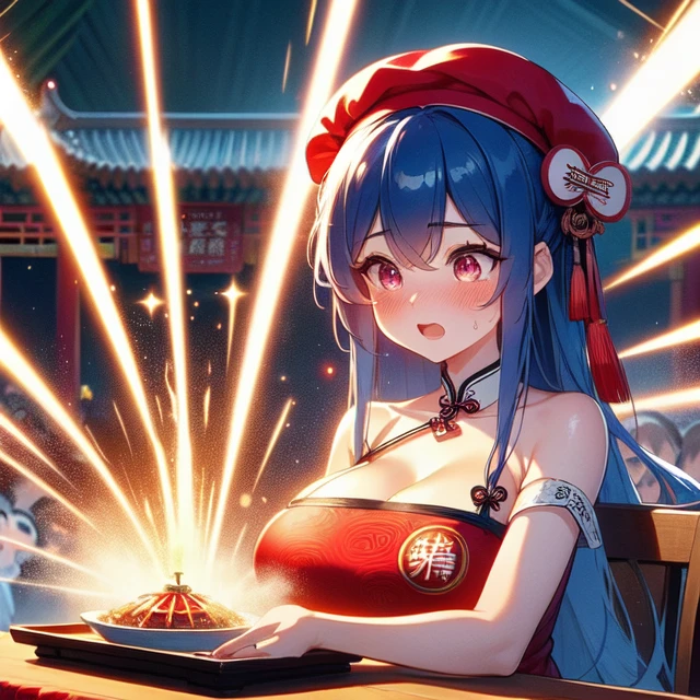 (((masterpiece))), (((best quality))), (((chūka ichiban))), (((glowing chinese cuisine))), ((laser beam shoots from center in all directions)),((holding plate)), ((red beret hat)), (((red complex pattern qipao))), ((china palace)), ((square table)), ((countless crowd)), (((outdoor))), solo, 1girl, cleavage, (((big tits))), collarbone, ribbon, blue hair, longhair, open mouth, sweat, shy, blush, slim figure, <lora:girllikechūkaichiban:1>
