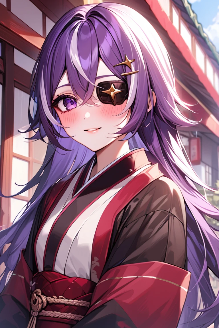 masterpiece, best quality, ultra detailed, BREAK
1girl, solo, female, chevreuseexp, purple hair, white streaks, long hair, Purple eyes, eye patch, hair clip, star clip,
kimono, japanese clothes, japanese background, upper body, outdoors, blush, light smile , looking at viewer, colorful, vivid, <lora:ChevreuseGenshin_XL-000009:0.8>