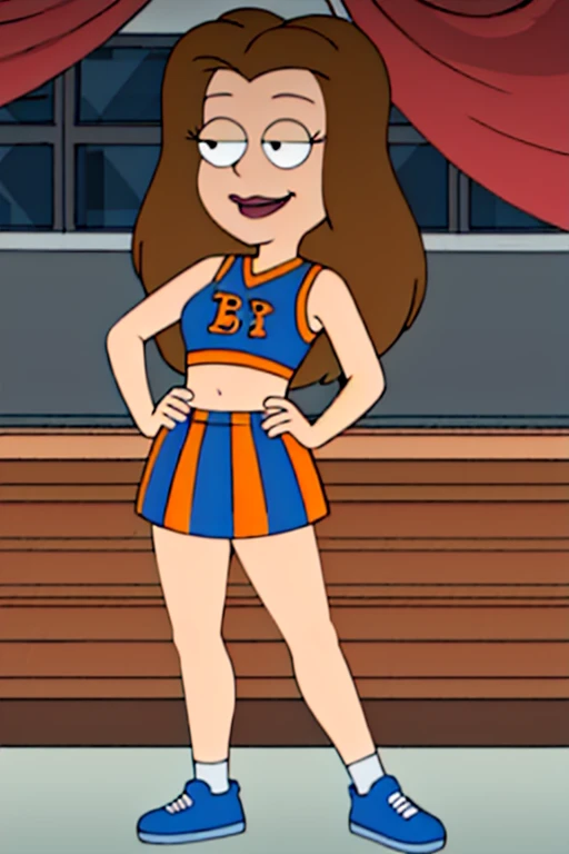 <lora:lisasilver:0.8> lisasilver, brown hair, 1girl, cheerleader, smile, skirt, shoes, lipstick,looking at viewer, smile, hand on hip,