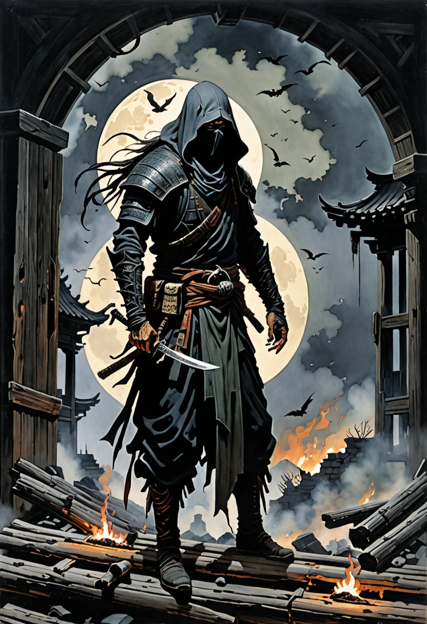 macabre style Silent sentinel on a silken veil of nightfall, the ninja poised aloft his ancestral dwelling of wooden planks with quiet vigor. Clad in stealth gear that whispers timeless legacy: an heirloom passed from sage to pupil ever since antiquity dawned, he surveys shadows strewn amid ruins; gaze fixed firm yet faraway gazing upon foes yet to come amidst flicker and flame; cowboys under moonlight. This riveting scene painted by Hiroshi Yoshida style enfolds you closer to their world! Watch how fire guts palace ramparts whilst wispy tendrils of smoke curl upwardly ascending into smokey night. . dark, gothic, grim, haunting, highly detailed