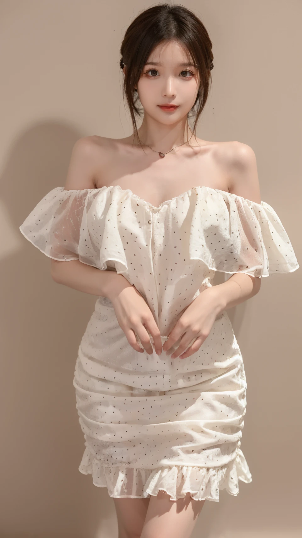 best quality,HDR,UHD,8K,Vivid Colors,solo,photo_,(1girl:1.3),(standing:1.3),(looking at viewer:1.4),Elegant,detailed gorgeous face,(simple background:1.3),(cowboy shot:1.4),<lora:rc93:0.75>,rc,bare shoulders,dress,