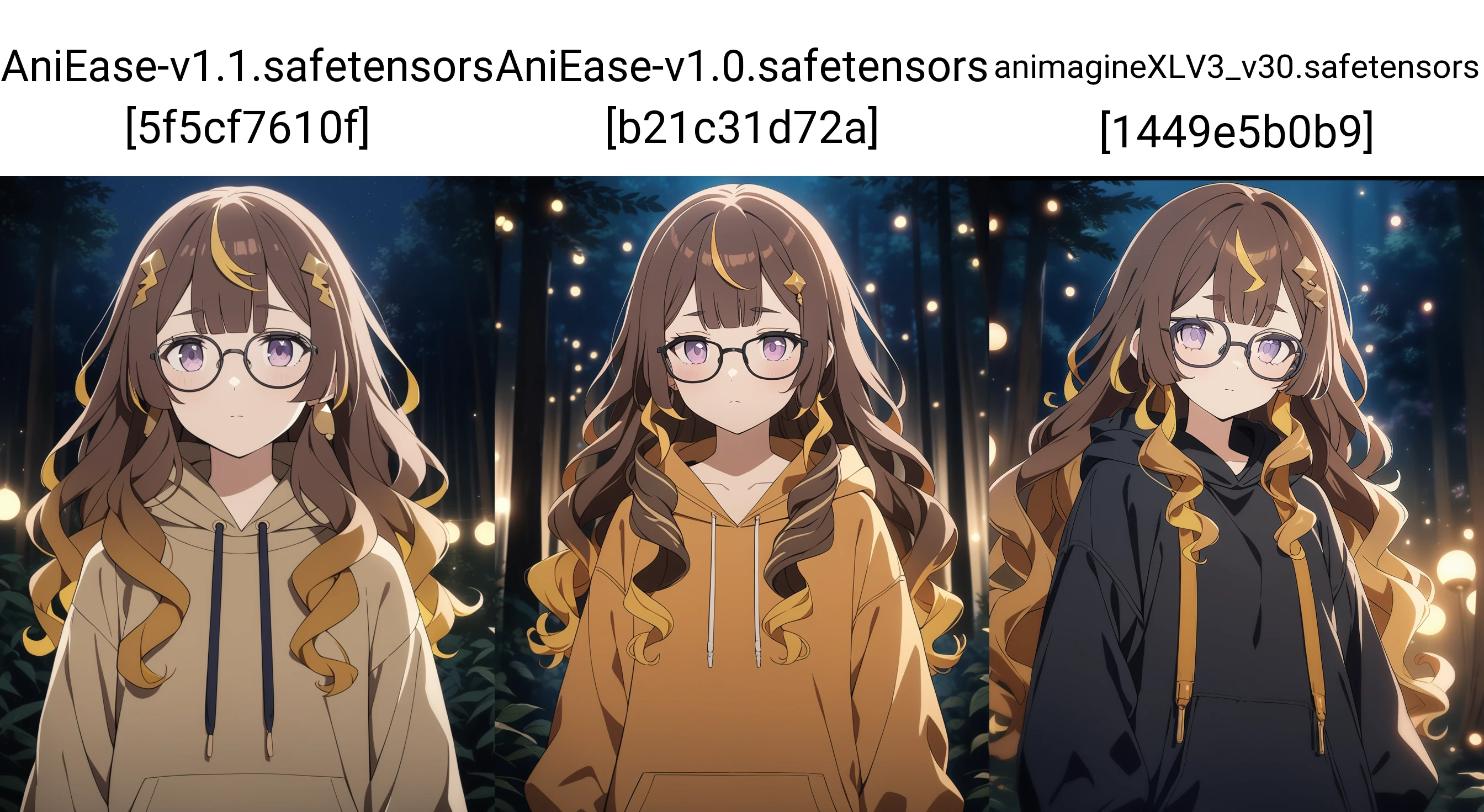 1girl, anya melfissa, hololive indonesia,
long hair, wavy hair, brown hair, purple eyes, small breasts, hoodie, expressionless, glasses,
forest, night, bokeh, anime screencap,
very aesthetic, masterpiece, best quality,