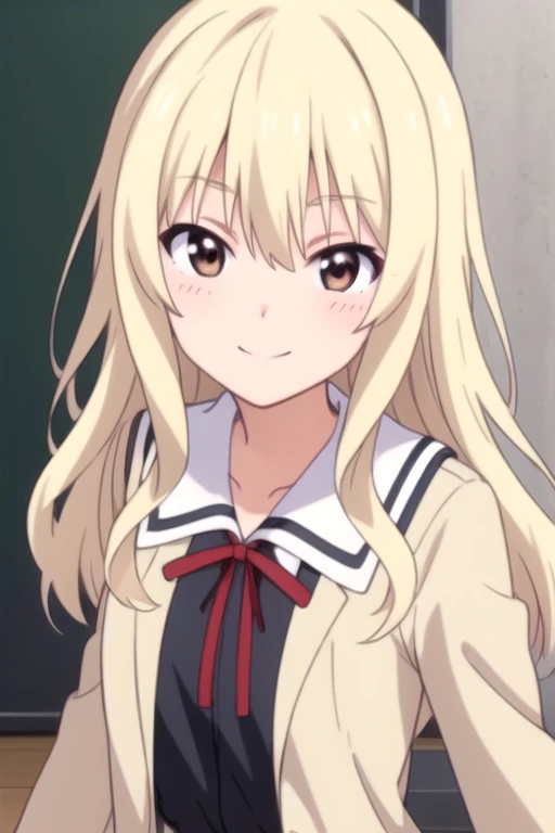 ((masterpiece)),(best quality),official art,extremely detailed CG,unity 8k wallpaper,ultra detailed,beautiful detailed eyes,extremely detailed face,1girl,solo,upper body,(portrait:1.5),looking at viewer,facing viewer,smile,blush,blonde_hair,sidelocks,bangs,brown_eyes,collarbone,school_uniform,beige jacket,open jacket,neck_ribbon,red_ribbon,black dress,medium breasts,long sleeves,black skirt,pleated skirt,zettai ryouiki,white thighhighs,loafers,<lora:Sumino Sayaka(ag)>,