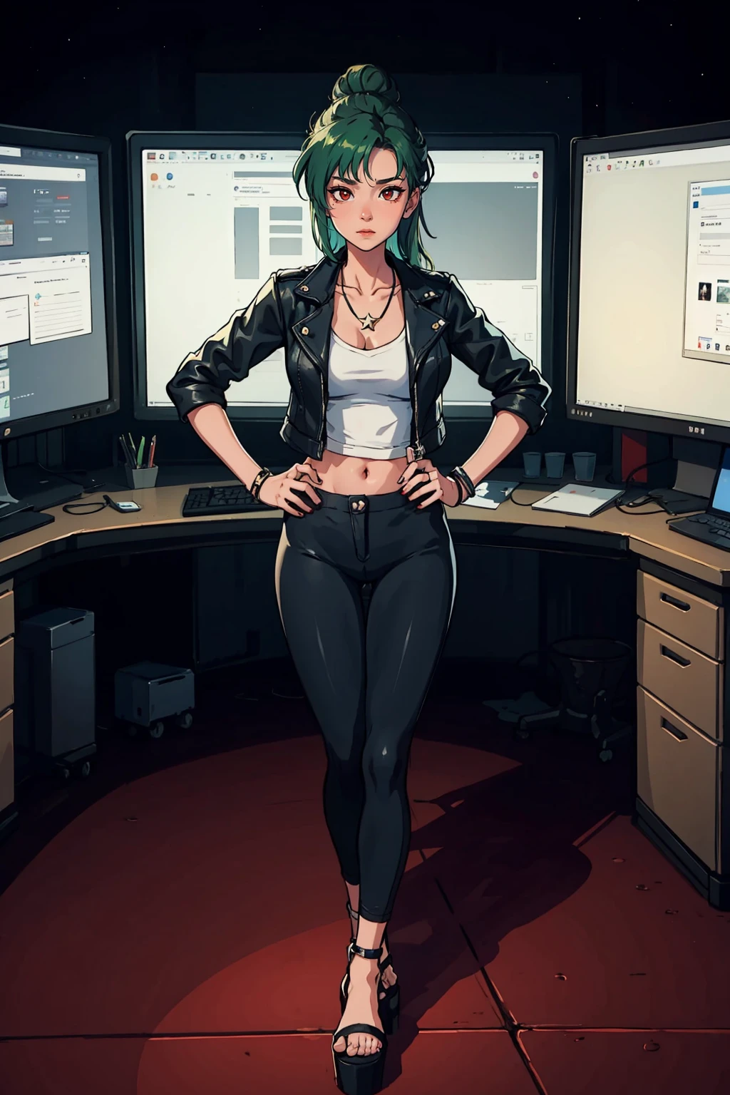 (masterpiece), 1girl, solo, perfect sexy female body, viewfinder, office, computers, dusk, claw pose, squinting,<lora:EPsmPluto-08:0.7>, EPsmPluto, 1girl, green hair, grey bow, hair bun, single hair bun, long hair, looking at viewer, red eyes,star
BREAK
leather jacket, leather pants, (necklace), platform sandals