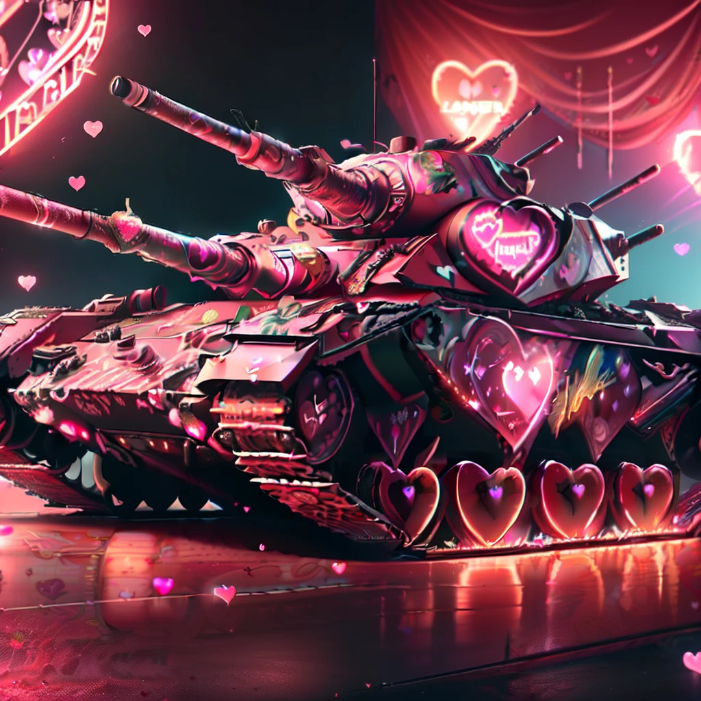 LunarValentineStyle, <lora:LunarValentineStyle:1>photo of a battle tank,heart,military,no humans,military vehicle,tank,vehicle focus,caterpillar tracks,monster energy can on the tank,epic,neon lights,petals,hearts on it,facing the viewer,epic realistic detailed battle tank,shooting glowing heart shaped objects