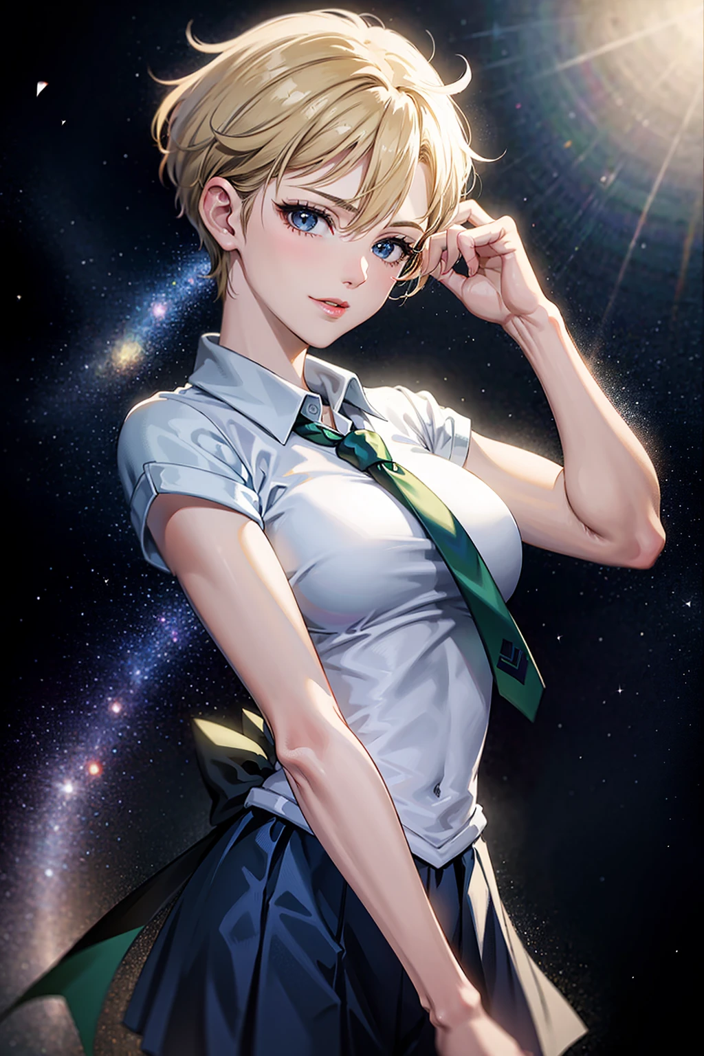 masterpiece, highres, absurdres, high quality,best quality, 1girl, solo, looking at viewer, looking at viewer, anime screencap,1990s \(style\), (art by Naoko Takeuchi), pillarboxed, workshop, day, index finger raised, happy ,<lora:EPsmSailorUranus-09:1>, EPsmSailorUranus, short hair, blonde hair, blue eyes,
BREAK
collared shirt, yellow necktie, layered skirt