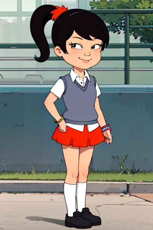 <lora:Akiko.AD-000009:0.6> akiko, 1girl, black hair, solo, ponytail, sweater vest, school uniform, orange skirt, socks, shirt, short sleeves, shoes,bracelet smile,looking at viewer,