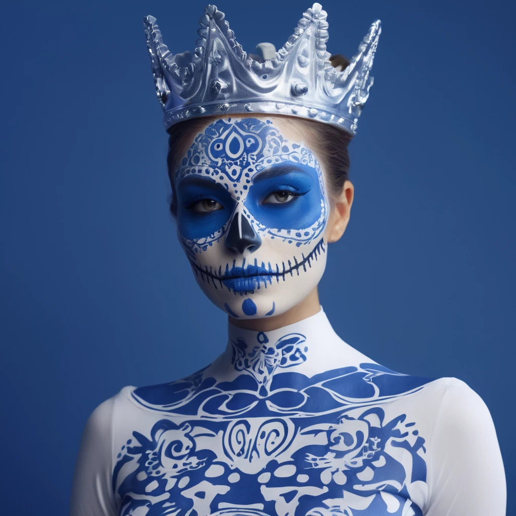 ((blue and white t1 skull makeup,mexican talavera dress)).k1t crown:1,sexy,mexican 