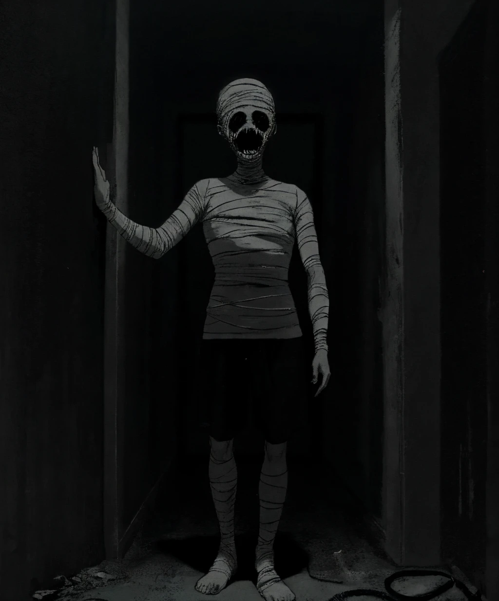 monochrome, greyscale, dark, solo, open mouth, horror \(theme\), 1boy, male focus, teeth, bandages, bandaged head, mummy, full body, <lora:morbid_darkness_v2-08:1>