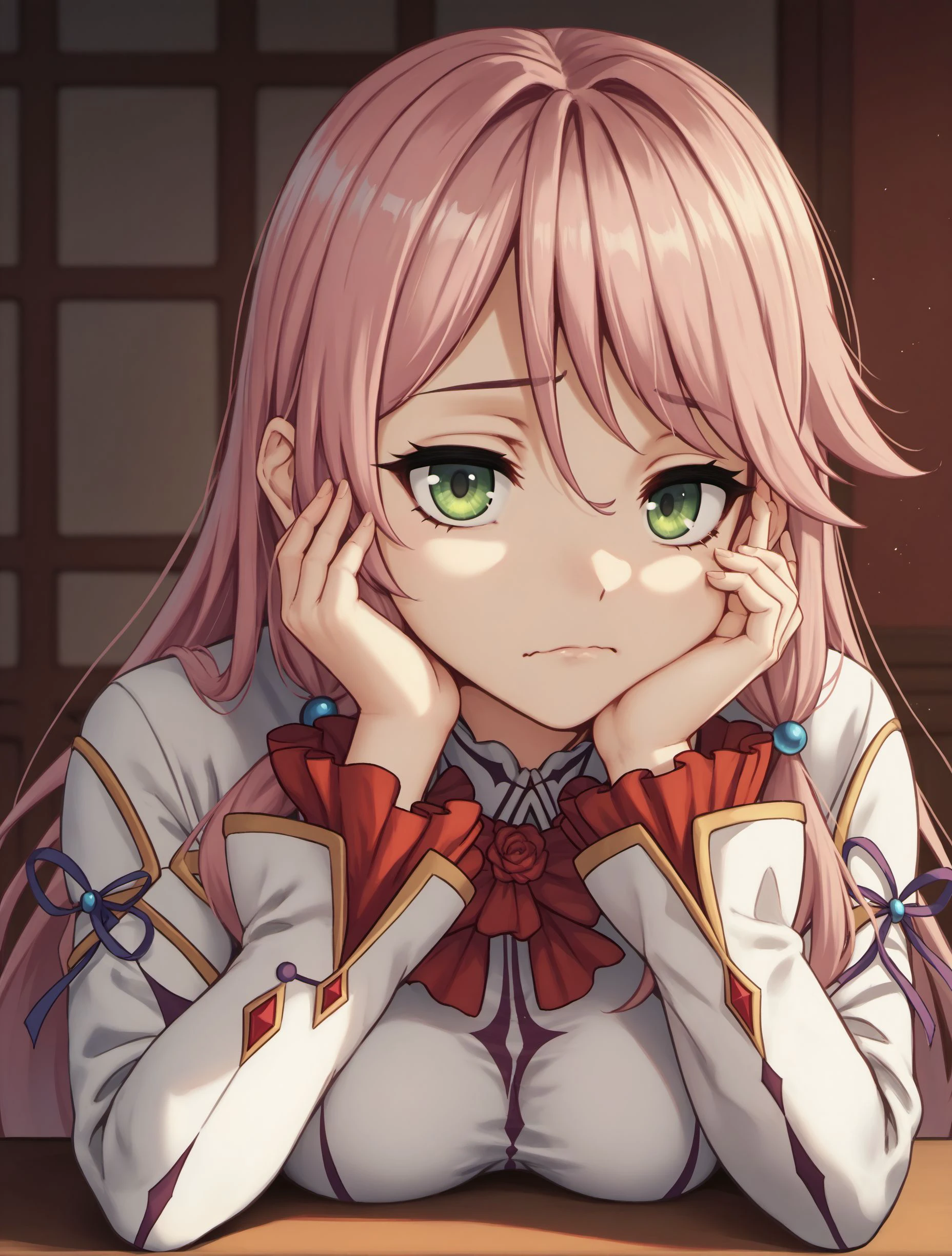 score_9, score_8_up, score_7_up, score_6_up, score_5_up, score_4_up, BREAK
FlareArlgrande, 1girl, clothing, solo, breasts, looking_at_viewer, hair_ornament, long_sleeves, medium_breasts, closed_mouth, upper_body, hand_on_own_face, head_rest, hand_on_own_cheek,
<lora:FlareArlgrande_PD6XL:1>