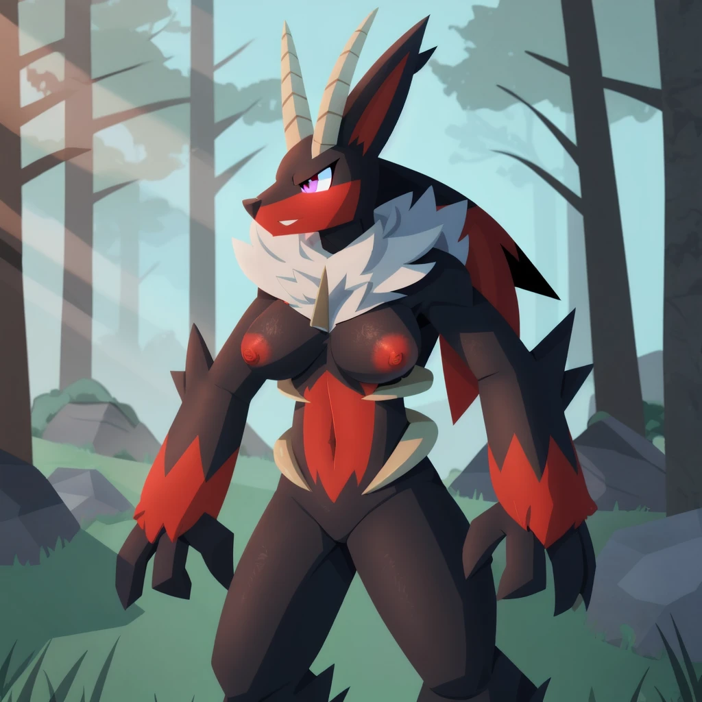 <lora:Incineram_Palworld_v2.0_:0.8> palincineram, anthro, solo, female, breasts, standing, forest, by skweekers,