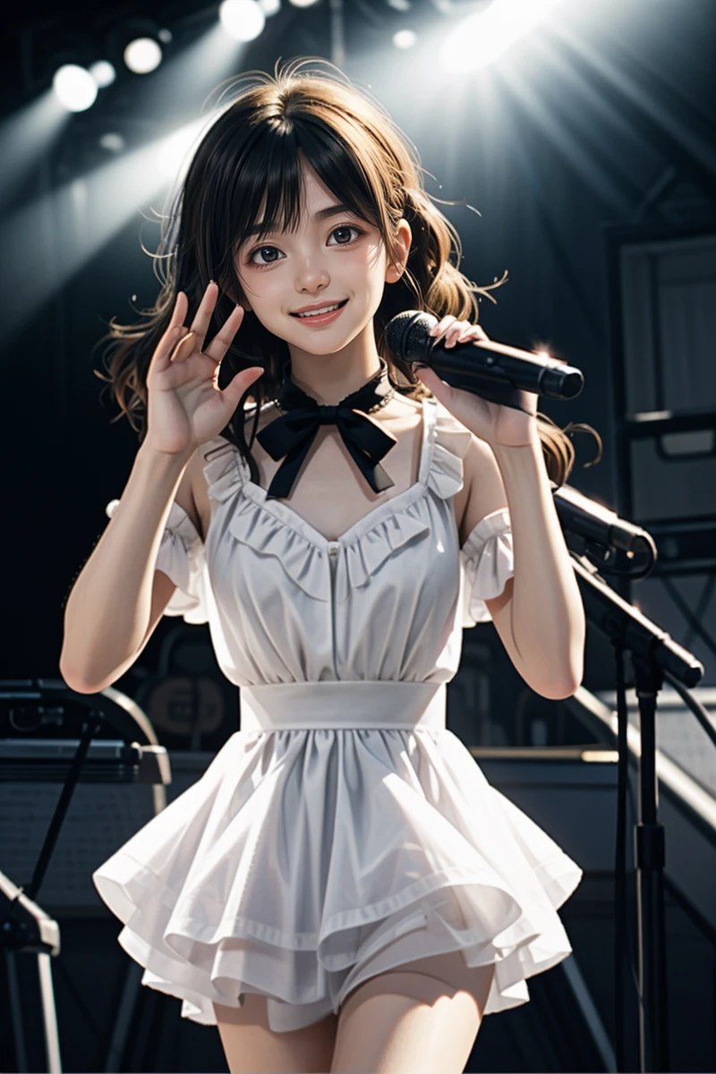 1girl
idol concert
sing
smile
wave hand