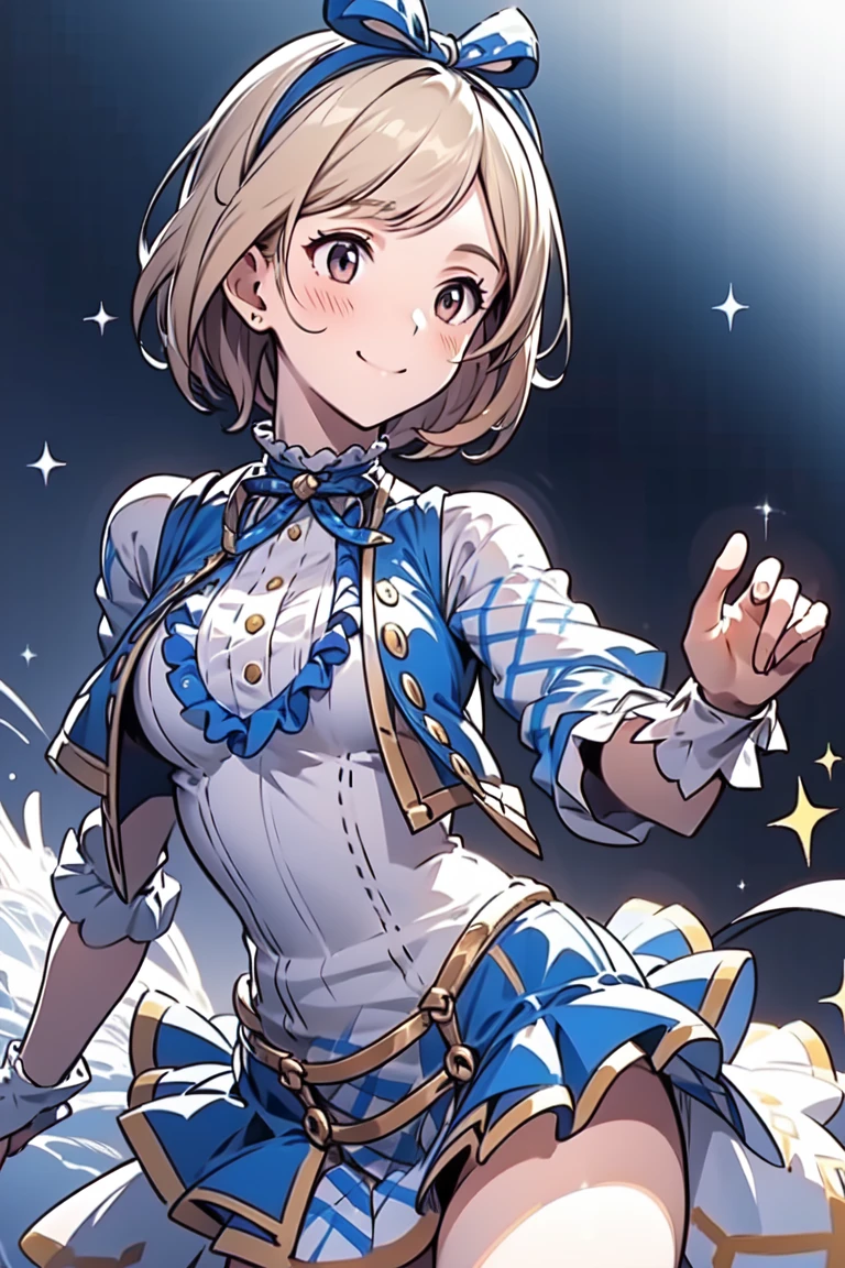 1girl, calm, gbf-idol djeeta, hair accessories, smile, blush