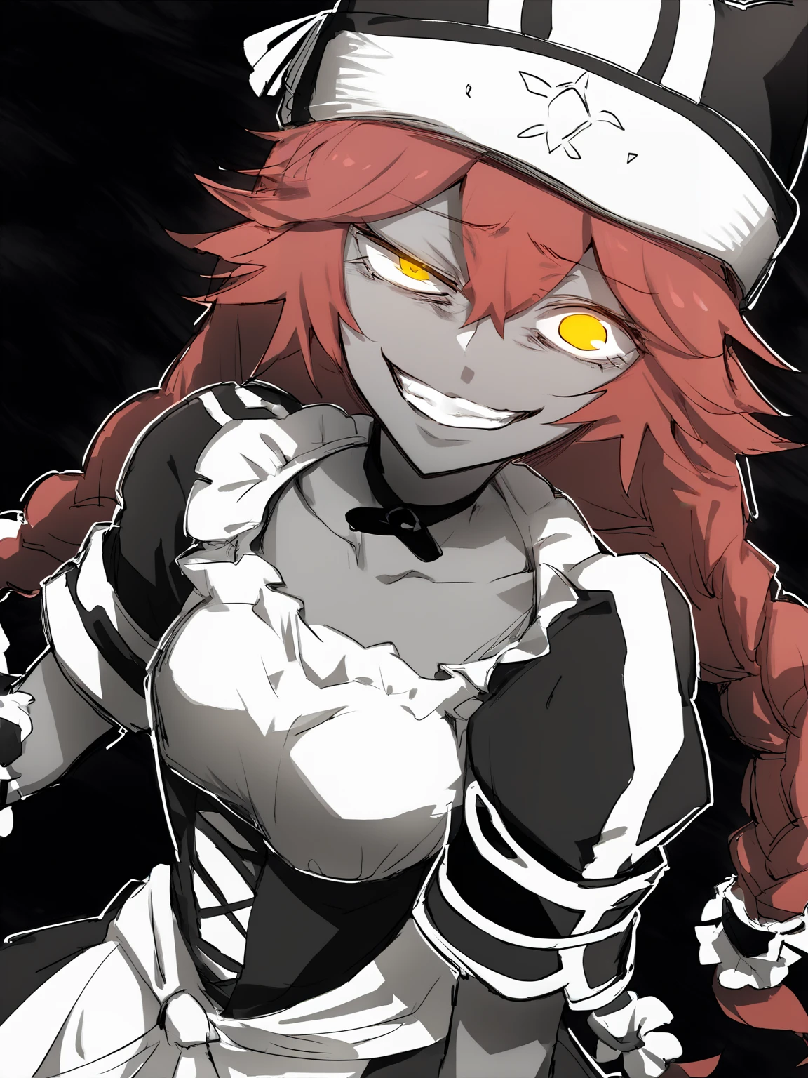 score_9, score_8_up, BREAK, source_anime, monochrome, greyscale, ebiblue, gesugao, 1girl, lupusregina, red hair, long hair, twin braids, yellow eyes, dark skin, choker, dress, hat, maid, (glowing eyes:0.5), sadistic smile, looking at viewer, solo, sketch, black background <lora:EbiblueXL:1> <lora:LupusReginaXL:0.9>
