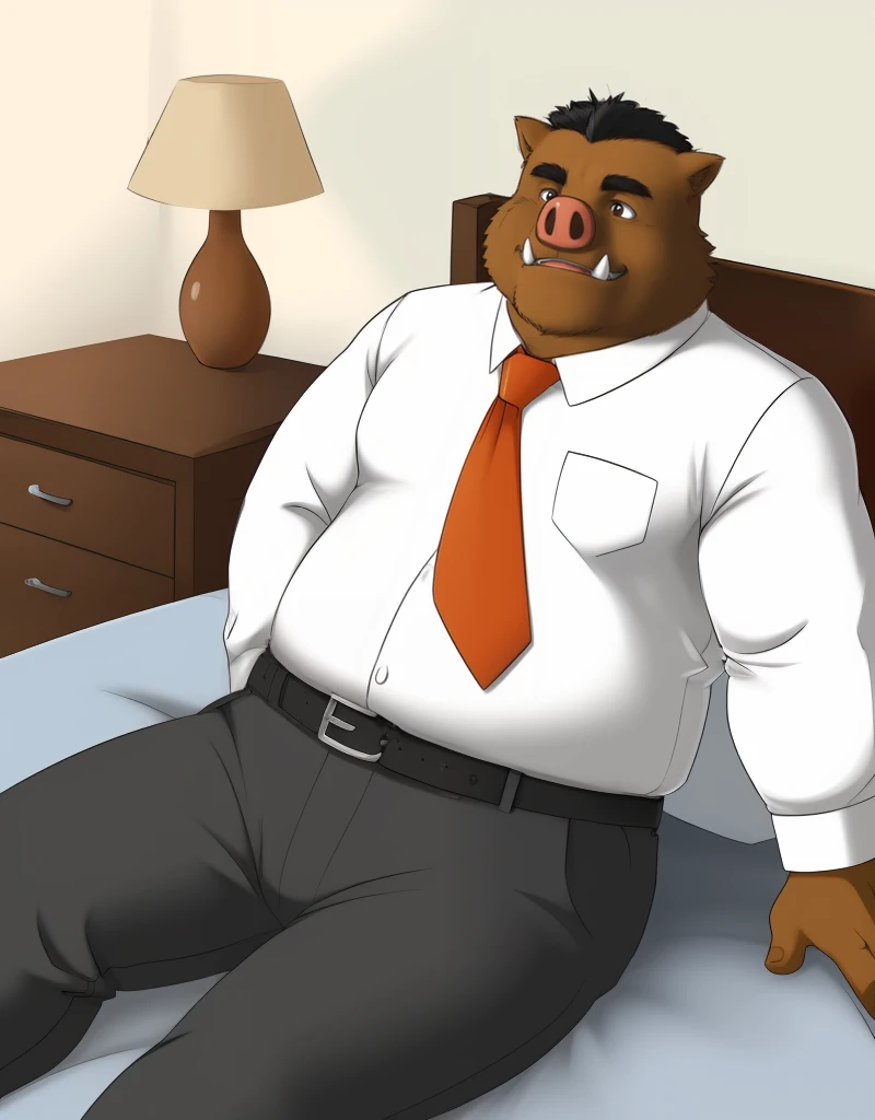 (((detailed eyes, detailed face))), (furry, botan <lora:character_botan_findigo_v1:0.9>, black hair, mohawk, tusks, boar, old man), male, (solo), (plump, fat, chubby, overweight), (white shirt, black pants, orange necktie, belt), sitting, (arms behind back), smile BREAK (konzaburou, ukan_muri, cute), bedroom, (flat shading, flat color, high brightness), 8k, UHD, masterpiece, (full body)