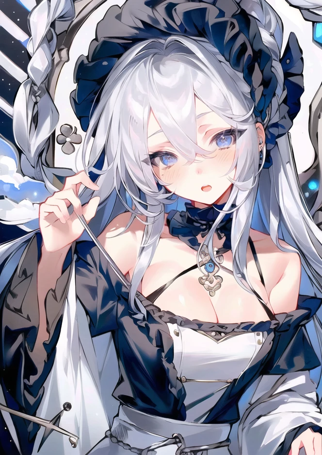 8kï¼ultra-detailed, illustration, (beautiful detailed eyes), beautiful, amazing, detailed eyes, (((masterpiece))),<lora:LY:1>8kï¼1girl, solo, breasts, cleavage, long hair, open mouth, blue eyes, blush, bangs, white hair, upper body