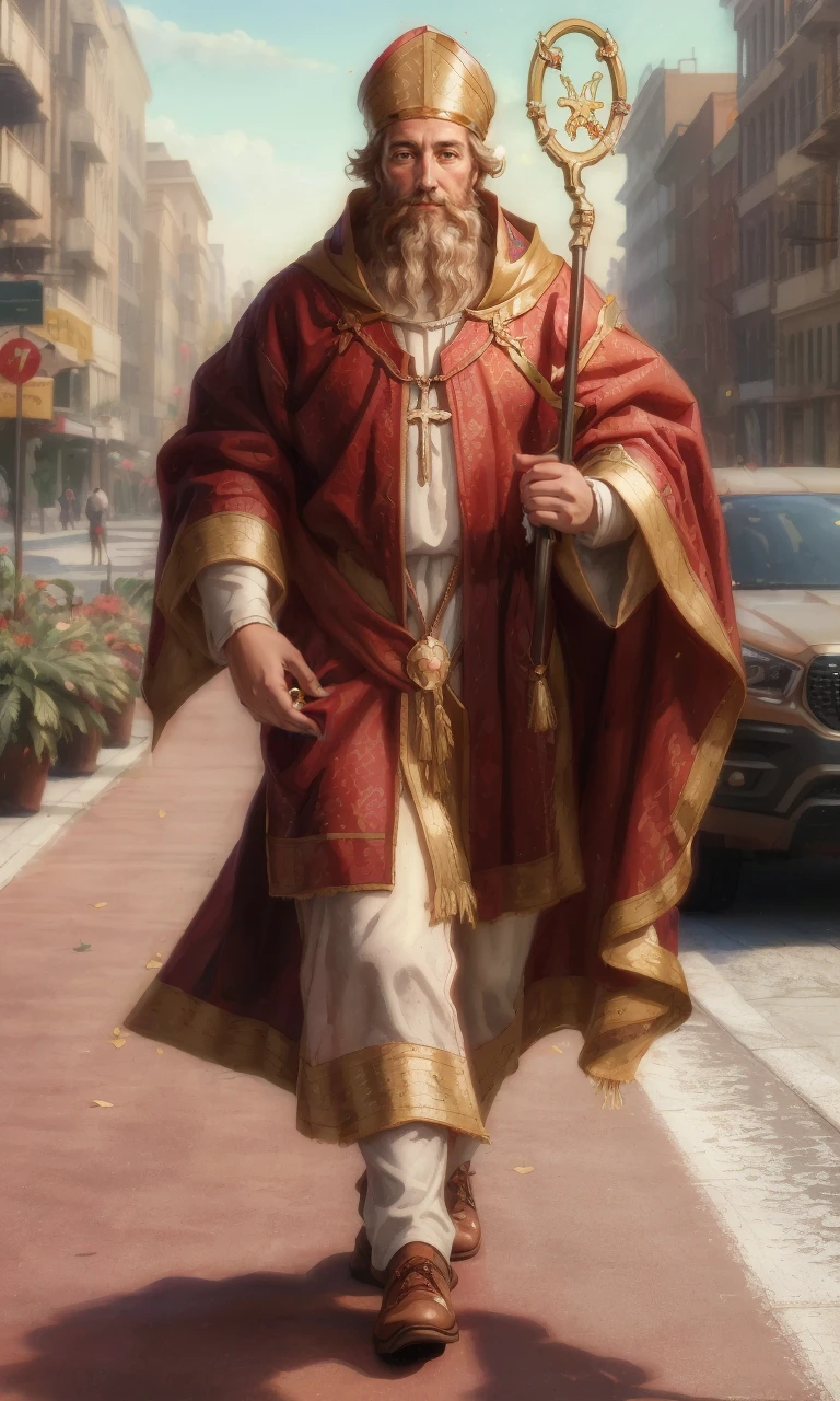 stval2024, 1 man, best quality, masterpiece, full body, trending on arstation, staff, surrounded by love hearts, raw image, photorealistic, beard, walking in new york, holding palm leaf,