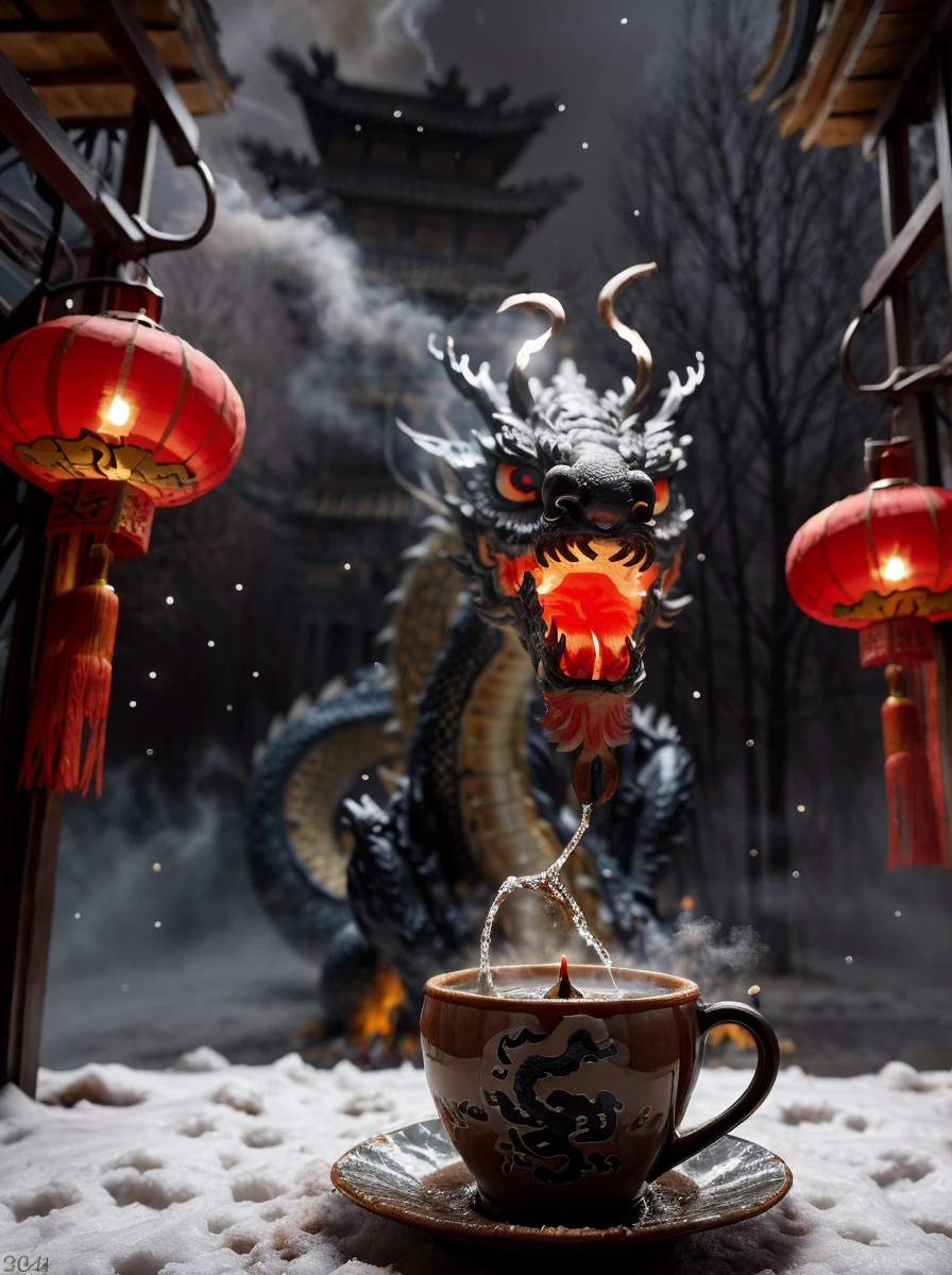 <lora:quiron_lunarNewYear2024_v1_lora:0.87> lunarNewYear2024quiron,festival party, lights, fireworks, chinese festival, crowded, new year celebration ,
claws, dragon, east asian architecture, fine art parody, lunar new year 2024 quiron, lunarnewyear2024quiron, open mouth, paper lantern, realistic, sharp teeth, tail,
eastern dragon, scales, crocodile nose, red (Chinese lanterns )in background, fog, fireworks and fog far background, fire, lighting, glowing dragon scales, intricate detailed, cinematic photo of shadowy,flat white coffee,inside (( Pour-over dripper )),winter,an icy,snow-covered tundra,extremely high-resolution details,photographic,realism pushed to extreme,fine texture,incredibly lifelike,breathtaking, (High quality, Sharp focus, Art photography),A moody,candlelit crypt with historic stone carvings and a sense of mystery,,