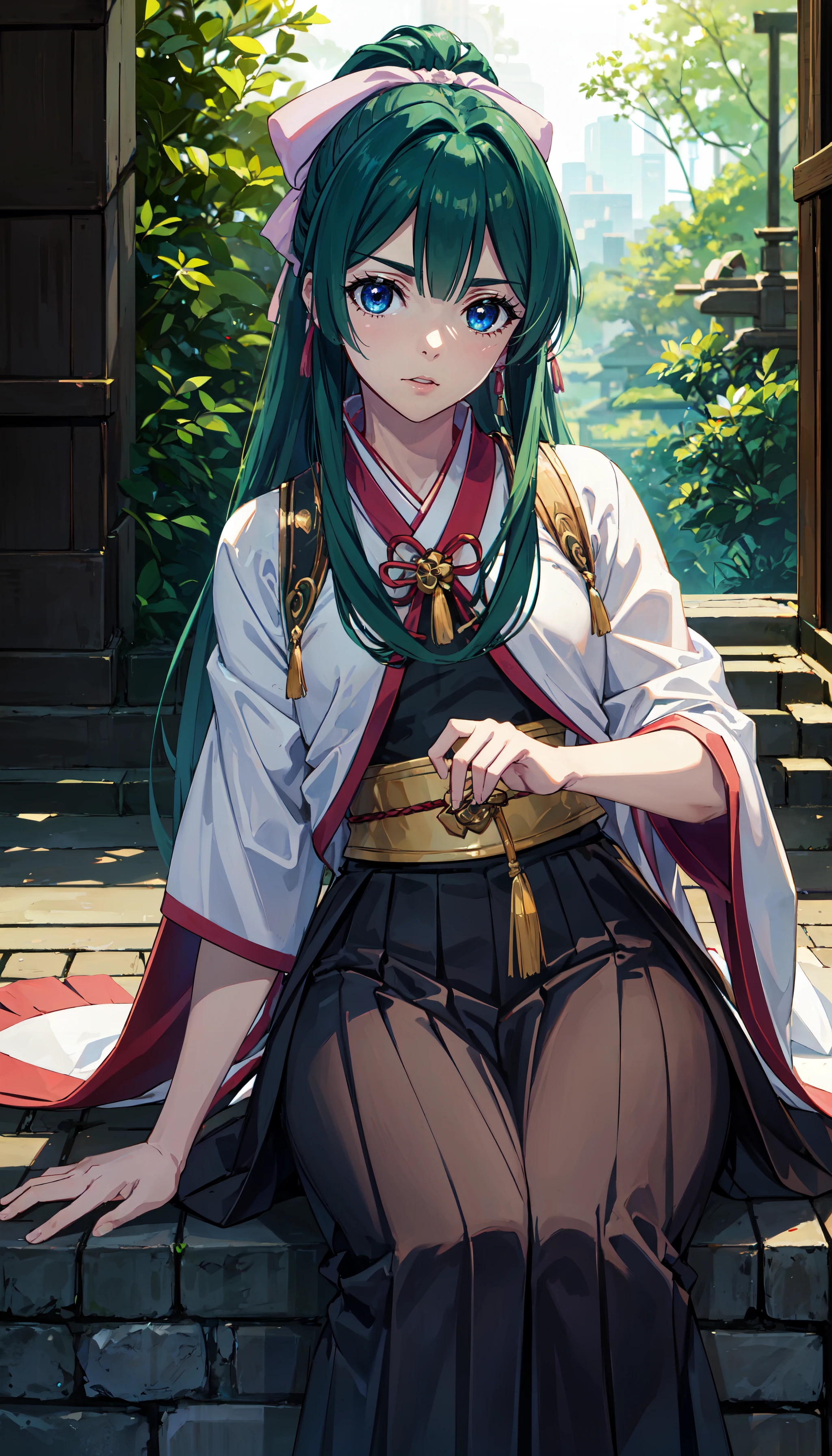 photorealistic, (4k), depth of field, (Masterpiece), (realistic skin texture), extremely detailed, intricate, hyper detailed, professional photography, bokeh, high resolution, sharp detail, best quality, girl, green hair, long hair, ponytail, hair bow, blue eyes, japanese clothes, hakama skirt, <lora:GoodHands-beta2:1> , <lora:detail_slider_v4:0.8> , dynamic pose, (lying on back, parallel to the camera), <lora:Yomogi Emarl-000004:0.7> , BREAK
bamboo forest, (red torii gate),