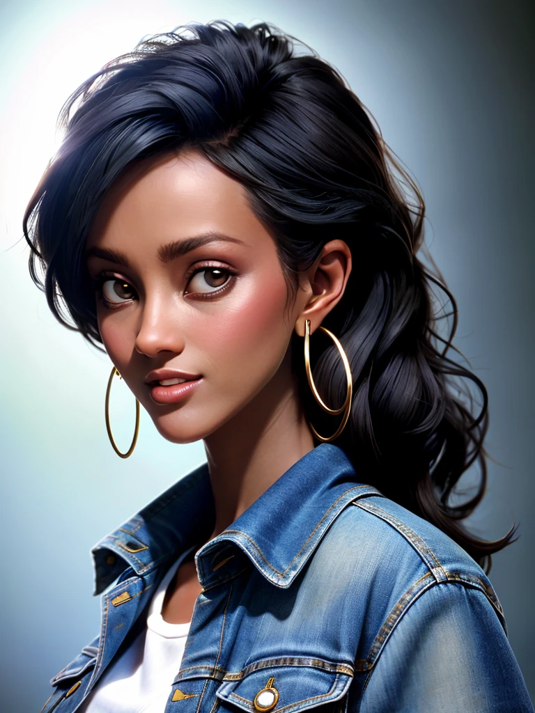 Realistic photo of a beautiful 1m4n woman,1girl,solo,long hair,black hair,jewelry,earrings,teeth,dark skin,dark-skinned female,lips,hoop earrings,realistic,denim jacket, soft lighting, professional Photography, Photorealistic, detailed, RAW, analog, sharp focus, 8k, HD, high quality, masterpiece<lora:1m4n:1.0>