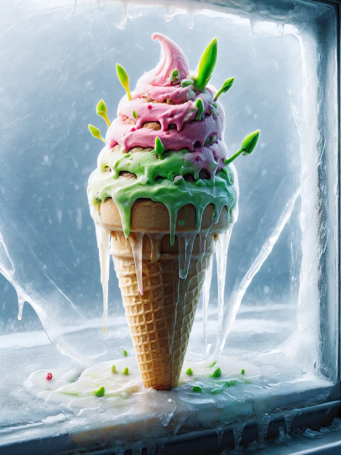 ais-sproutz melting ice cream cone, in the window of an ice cream van <lora:Sprouting_Spring_SDXL:1>