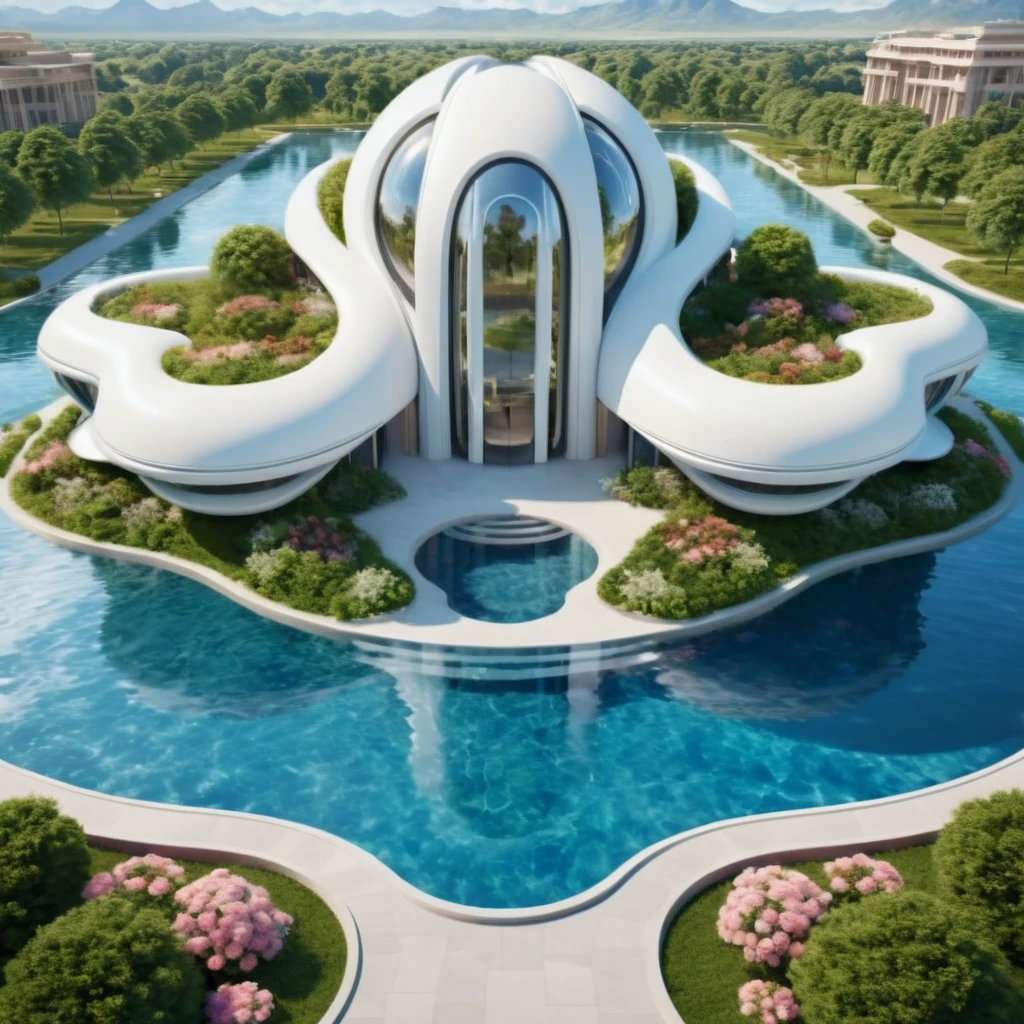 <lora:JJsFuturismStyle_Building_XL_dim128:1>, ((Futurism)),(masterpiece),(high quality), best quality, real,(realistic), super detailed, (full detail), (building),8k,scenery, sky, outdoors, cloud, water pool, blue sky, water fall, reflection, flower,tree,bush,grass,