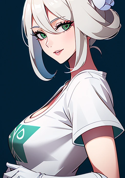 <lora:cogita:0.5>,  cogita, 1girl, solo, breasts, looking at viewer, smile, short hair, cleavage, green eyes, flower, white hair, short sleeves, parted lips, elbow gloves, white gloves, hair over one eye, grey eyes, from side, grey eyes, eyelashes, t-shirt, print shirt