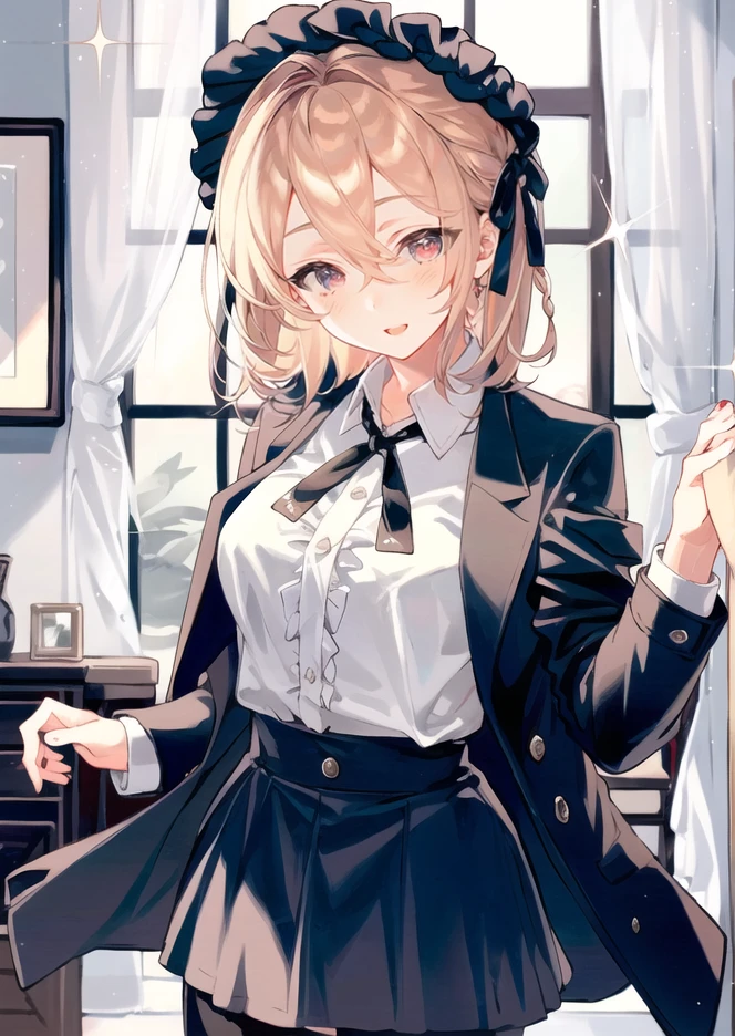 8kï¼ultra-detailed, illustration, (beautiful detailed eyes), beautiful, amazing, detailed eyes, (((masterpiece))),1girl, <lora:LY:0.9>1girl, shirt, black hair, red eyes, 1boy, white shirt, smile, long sleeves, blonde hair, ribbon, bow, frills, looking at viewer, open clothes, collared shirt, bangs, black bow, jacket, braid, jewelry, pants, coat, parted bangs, white jacket, hair ribbon, black pants, holding hands, skirt, bowtie, neck ribbon, black skirt, hair between eyes, parted lips, open jacket, hair bow, frilled shirt, black bowtie, eyes visible through hair, open mouth, black ribbon, short hair, long hair, open coat, breasts, high-waist skirt, medium hair, sparkle, frilled sleeves, center frills,