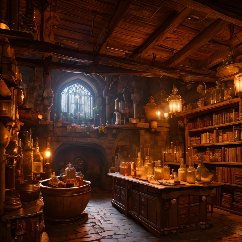 (masterpiece:1.2), (best quality,:1.2), 8k, HDR, ultra detailed, ((photorealistic)), perfect anatomy, professional light, cinematic lighting, fashion photography, ambient lighting,<lora:detail_slider_v4:3>, a medieval alchemist laboratory, a cauldron, books, bottles, shelves, FanInt, ((perfect hands)), <lora:FantasyInteriors-10:0.8>, epiCPhoto