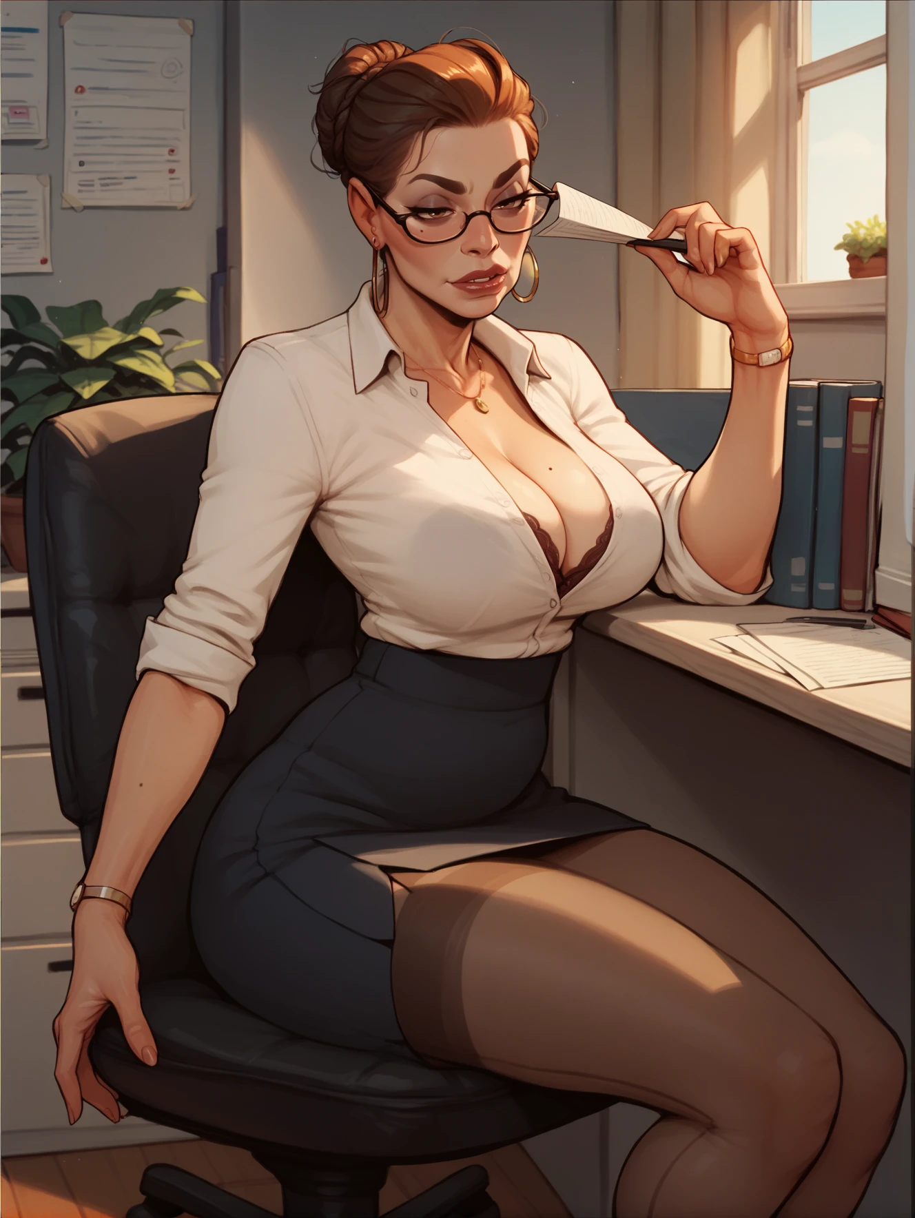 score_9, score_8_up,score_7_up, score_6_up, score_5_up, score_4_up, mature businesswoman sitting on chair in office, <lora:incase:1>