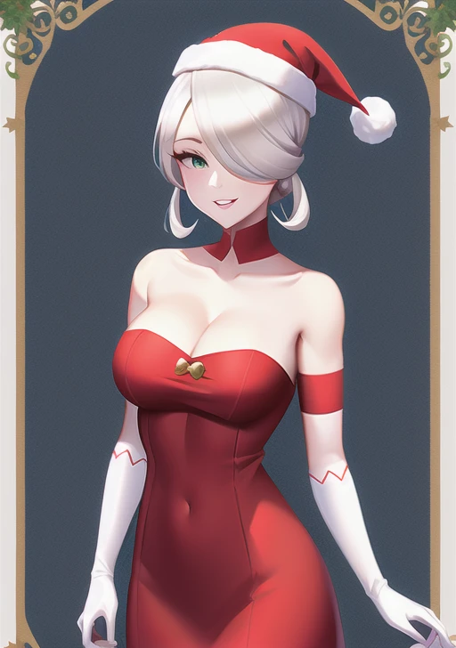 <lora:cogita:0.6>, cogita, 1girl, solo, breasts, looking at viewer, smile, short hair, cleavage, green eyes, flower, white hair, short sleeves, parted lips, elbow gloves, white gloves, hair over one eye, grey eyes, strapless, red dress, ;d, christmas, strapless dress, red headwear, santa hat, santa costume, fur-trimmed dress, red sleeves, bow-shaped hair, santa dress,