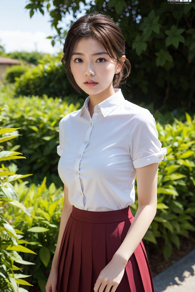 1girl,best quality,masterpiece,illustration,an extremely delicate and beautiful,CG,unity,8k wallpaper,Amazing,finely detail,masterpiece,official art,extremely detailed CG unity 8k wallpaper,incredibly absurdres,huge filesize,ultra-detailed,highres,extremely detailed,beautiful detailed girl,realistic,outdoors,<lora:Kuma Ayuo:0.8>,collared_shirt,pleated_skirt,