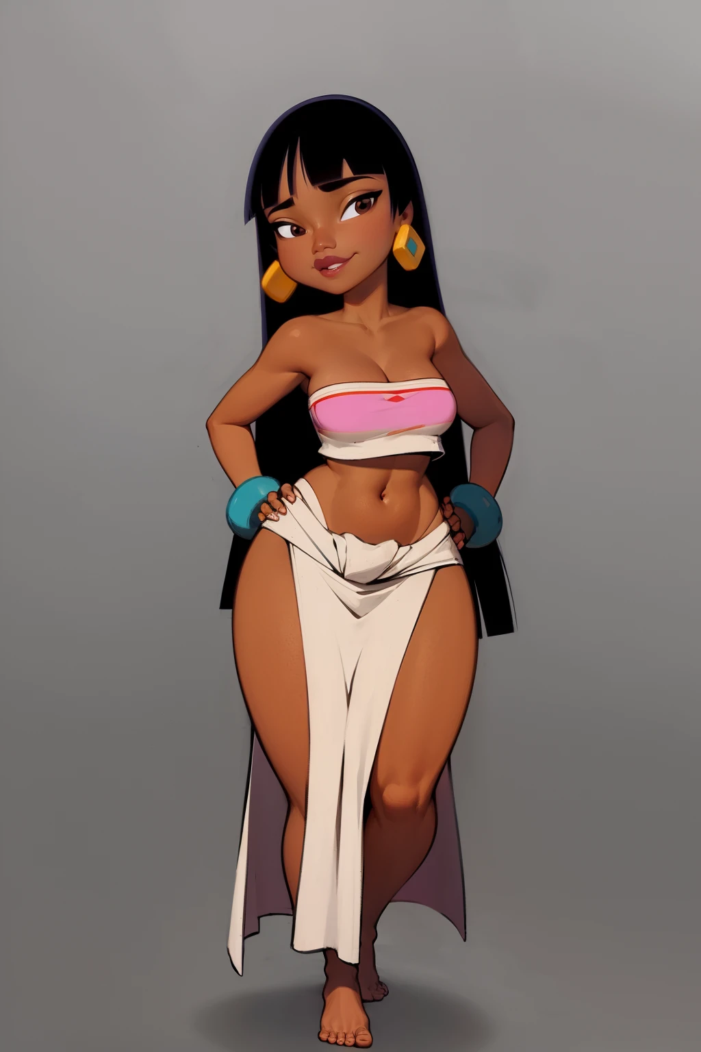 masterpiece, best quality,
1girl, chel, black hair, long hair, blunt bangs, brown eyes, dark skin, lipstick, tube top, cleavage, pelvic curtain, bare shoulders, bracelet, earrings, curvy, midriff, narrow waist, navel, thick thighs, wide hips, barefoot,
smile, full body, hands on hips, solo, looking at viewer, simple background <lora:Chel:1>