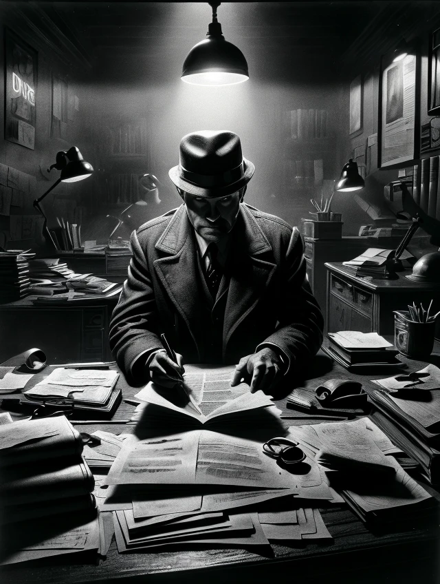 detectib siting behind a desk in an office, looking down at documents,night, 1940, noir(masterpiece:1.2), best quality, (hyperdetailed, highest detailed:1.2), high resolution textures <lora:Sin_City_SD1.5:0.8>