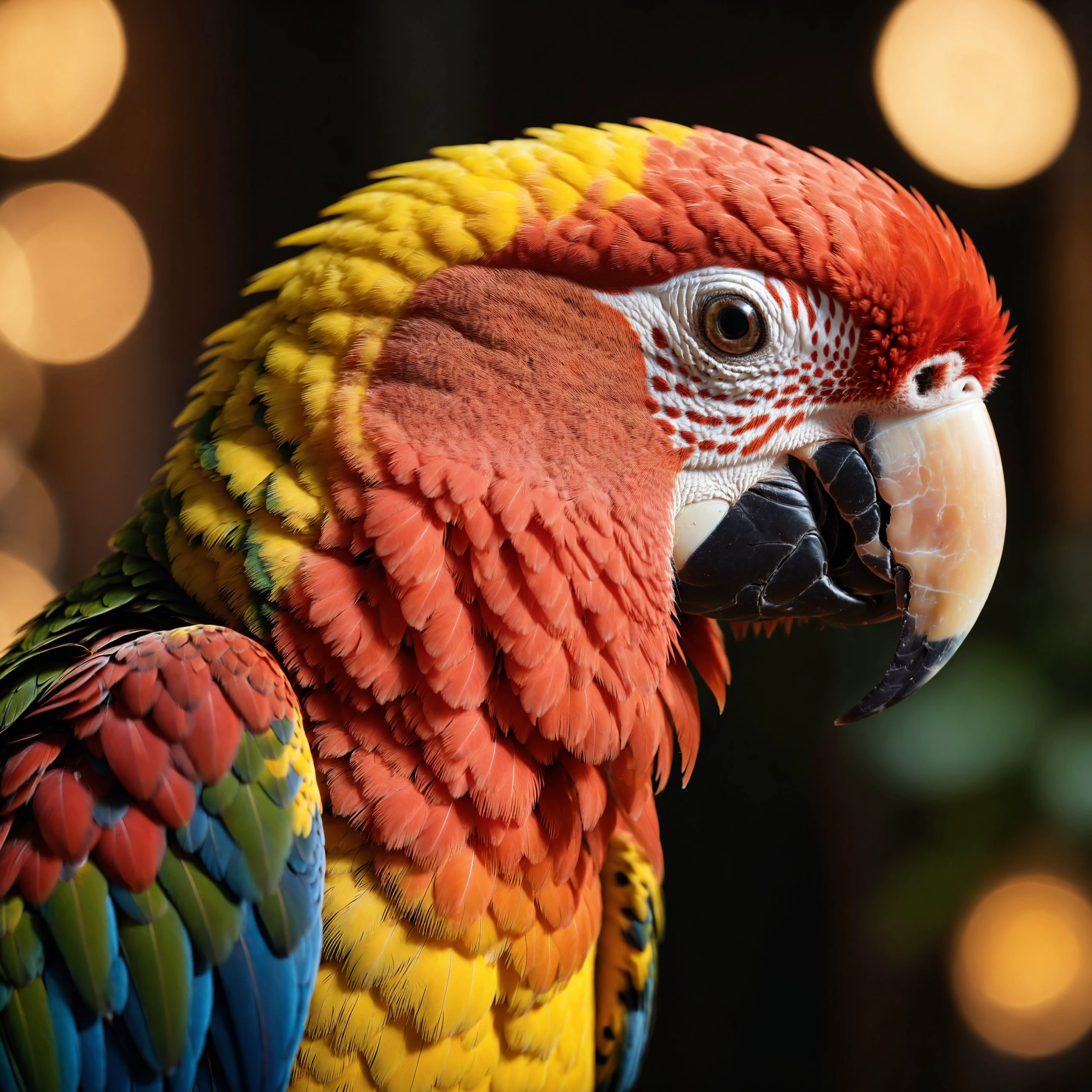 macro shot, cinematic photo of parrot, colorful, dark shot, film grain, extremely detailed, cinematic photorealistic, 8k uhd natural lighting, raw, rich, intricate details, key visual, atmospheric lighting, 35mm photograph, film, bokeh, professional, 4k, highly detailed